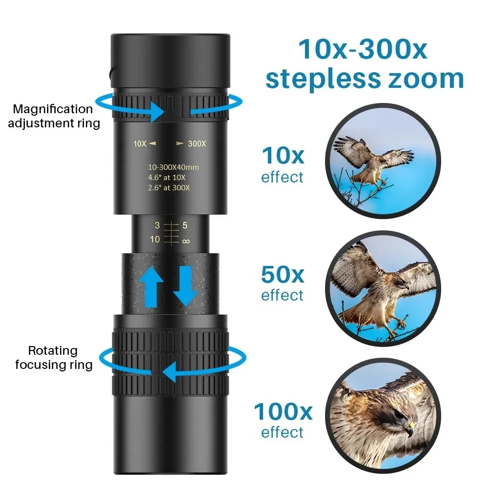 Zoom 10-300x30 Portable High Power Monocular Telescope with Tripod&Phone Holder for Bird Watching 6