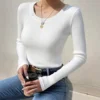 Trendy Women's Knitted Long Sleeve round Neck Base Shirt Slim Fit Inner Wear Autumn Winter High End Feeling Polyester Fiber