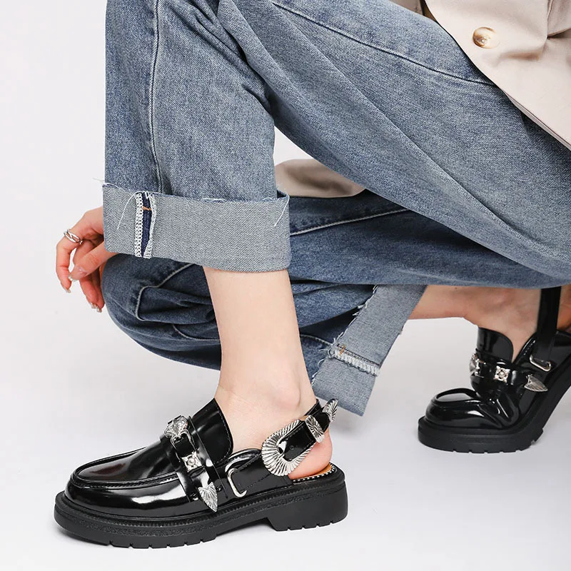 

Metal Decoration Needle Hole Adjustable Women Shoes Fall Baotou Zapatos Mujer Ankle Buckle High Heels with Back Empty Tacones