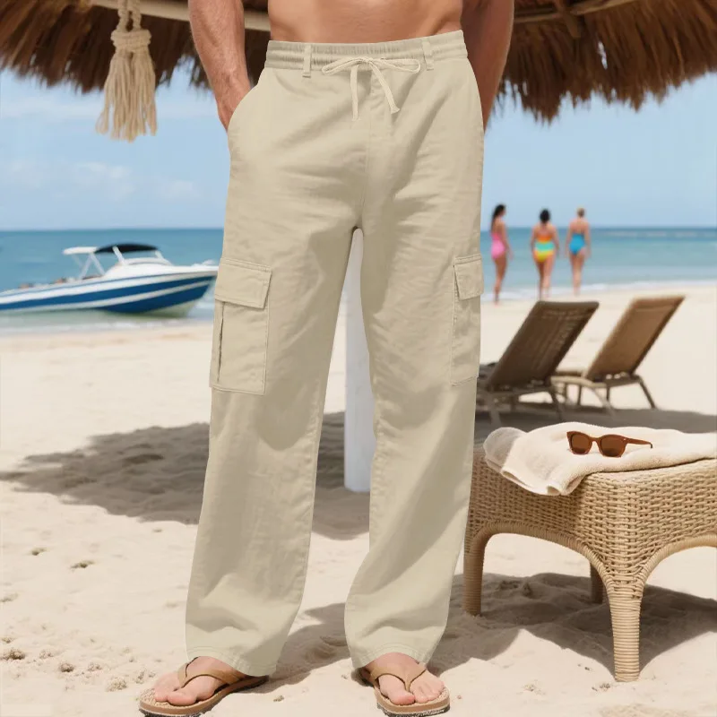 Men Beachwear Cargo Pants Elastic Waist Pocket Wide Leg
