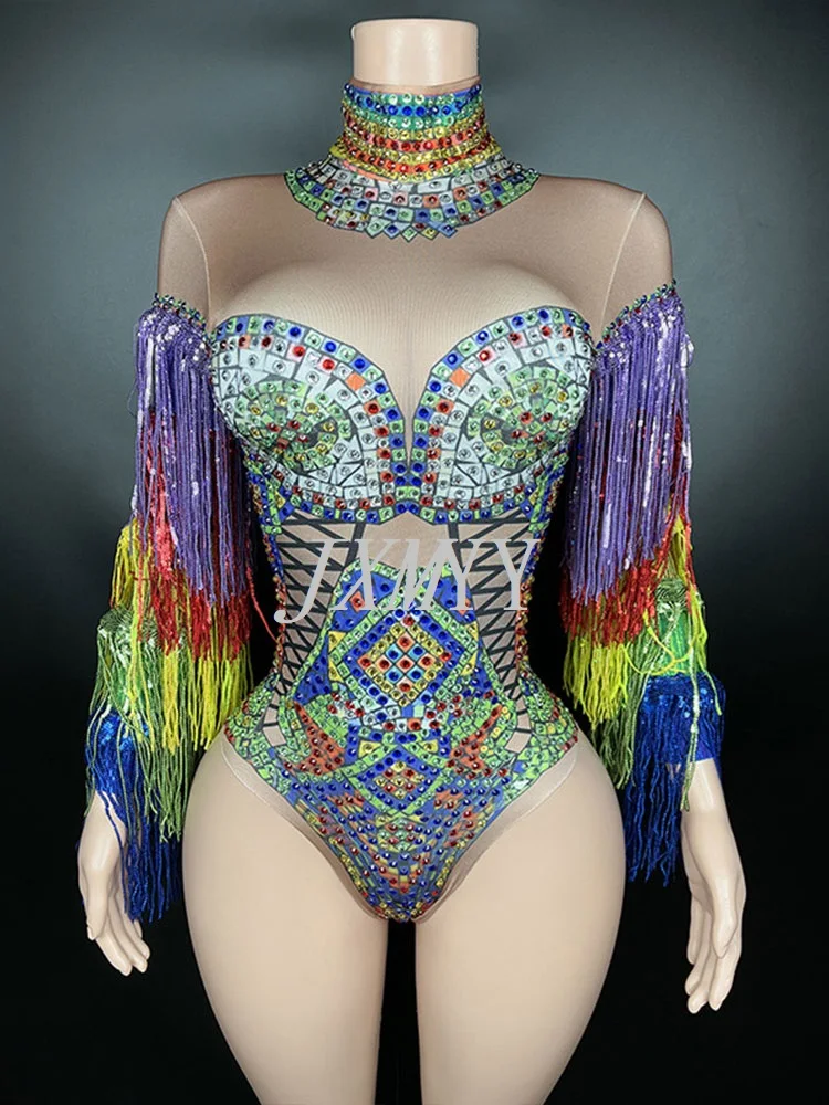 

2024 Colorful Rhinestones Fringes Leotard Costume Women's Birthday Prom Celebrate Outfit Bar Evening Women Dancer Bodysuit