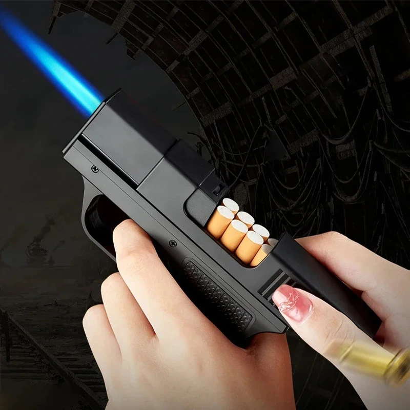 2025 New Clip Gun Type Butane Gas Lighter Three Capacity Cigarette Holder Windproof Jet Blue Flame Portable Lighters Men's Gifts