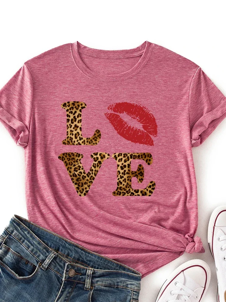 

Short Sleeves Cotton Tops Streewear Leopard Love Red Lip Print T Shirt Women Short Sleeve O Neck Summer Women Tops Clothes Tees
