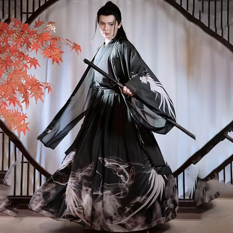 Immortal Men's Hanfu Chinese Weijin Period Cross Collar Waist Length Traditional Costume Chiffon Printing Embroidery Dress Set