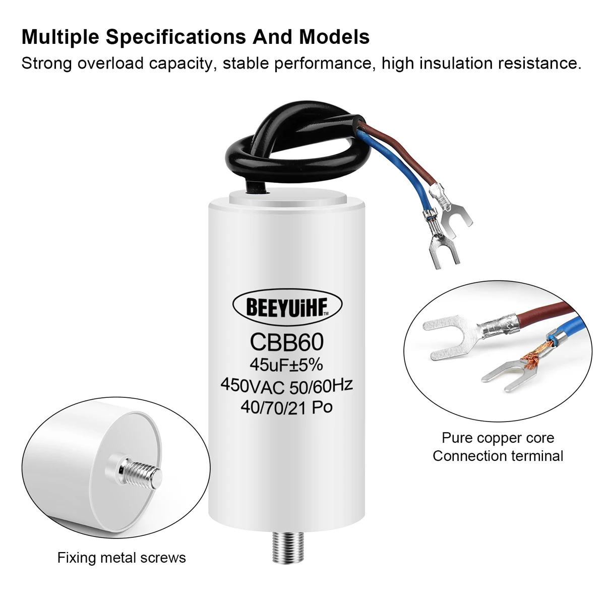 Motor Run Capacitor 1Pcs CBB60 Motor Run Capacitor 450V 4UF 5UF 6UF 8UF 10UF 12UF 14UF 16UF 20UF 100UF Start Water Pump Washer Air Pump with Screws