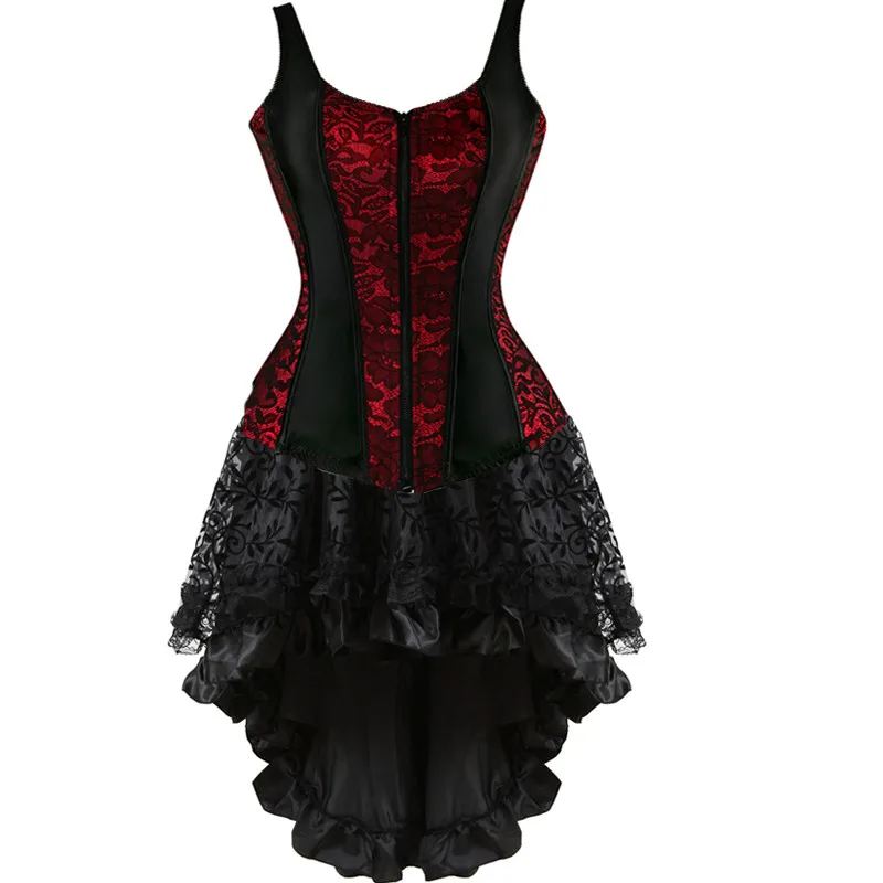 

Sexy Corset Dress Vintage Zipper Front Straps Overbust Corset Bustier with Steampunk Lace Skirt Gothic Cosplay Costume Plus Size