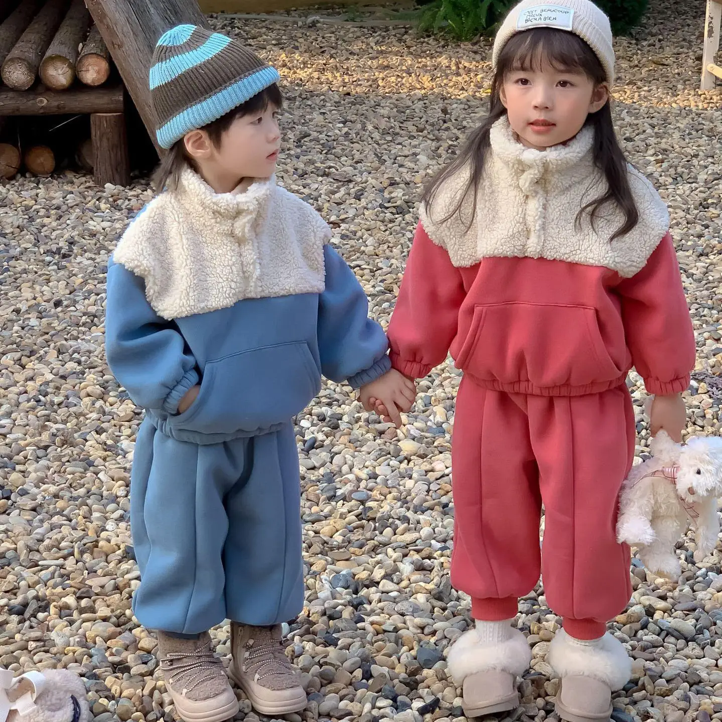 

Autumn Winter Kids Tracksuit Boy Girl Baby Plus Velvet Sweatshirt Suit Children Fleece Thick Warm cotton Tops+Solid Pants 2pcs