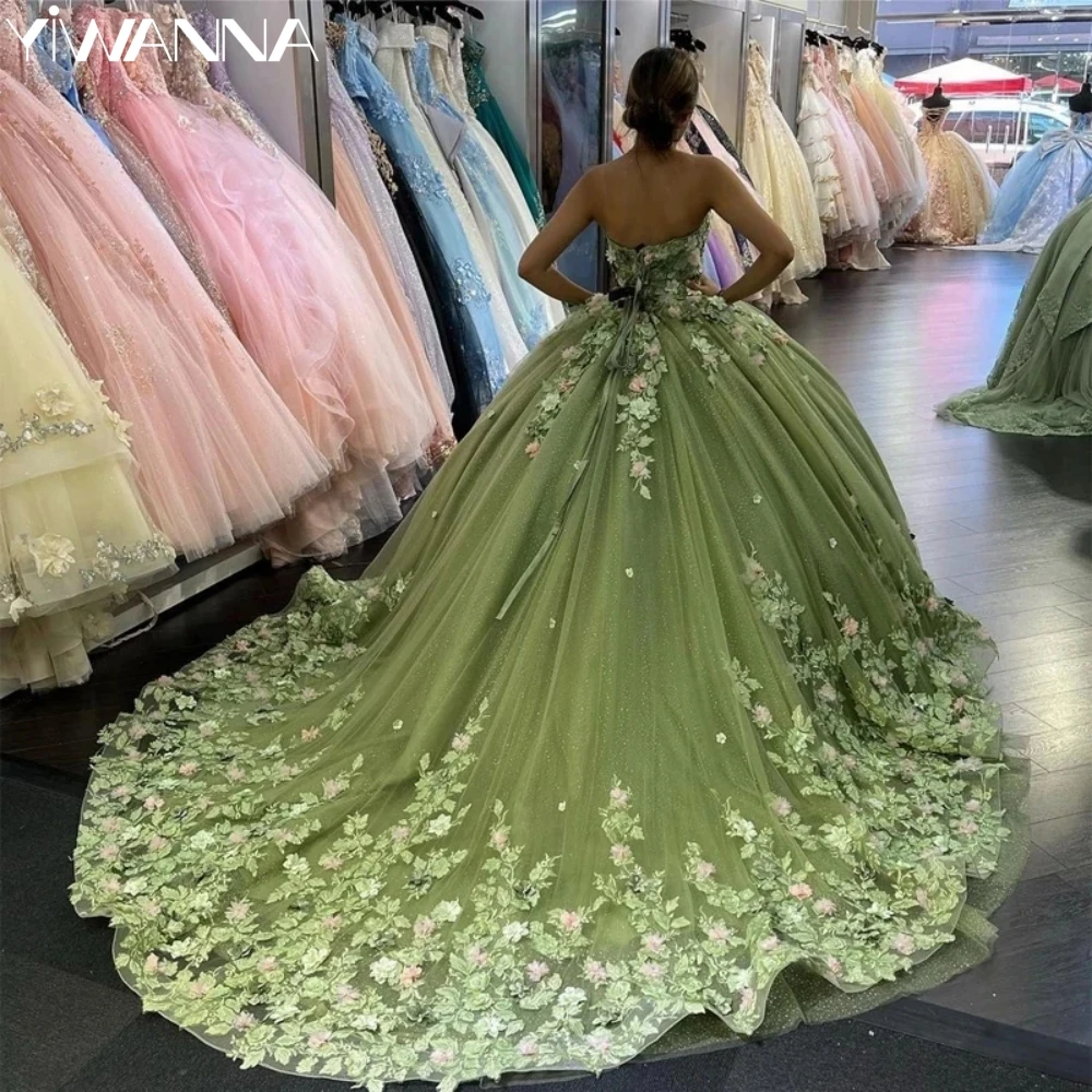 Grüne funkelnde Quince anera Kleider schöne Applikationen 3d Blume Prinzessin Kleid charmante süße 16 Jahre Vestidos de Anos