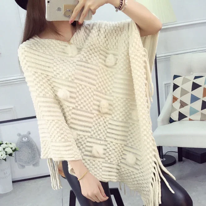 

Spring Autumn Tassel Shawl Female Cloak Wool Ball Sweater Coat Loose V-neck Girl Warm Fashion Leisure White Shawl Wrap Sweater