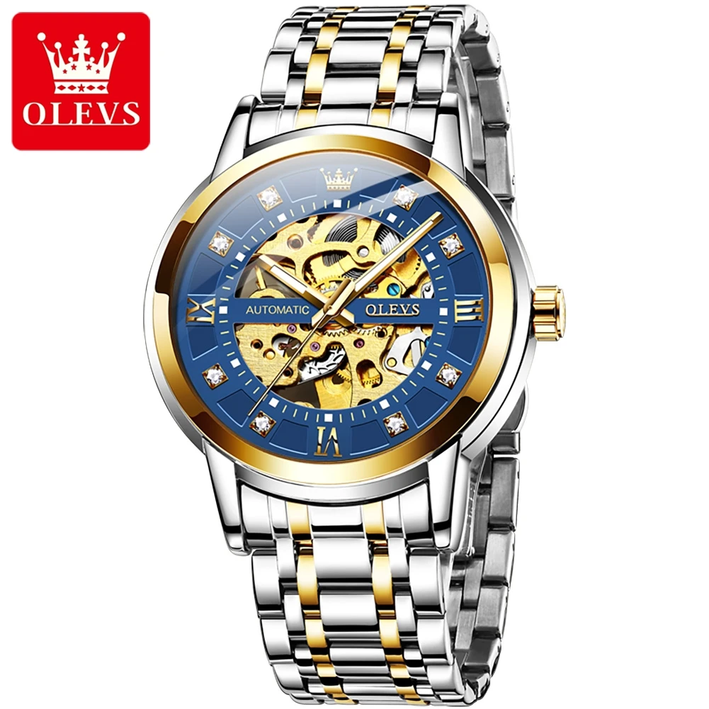 OLEVS Brand New Fashion Blue Skeleton Mechanical Watch for Men Luxury Stainless Steel Waterproof Luminous Hollow Watches Mens