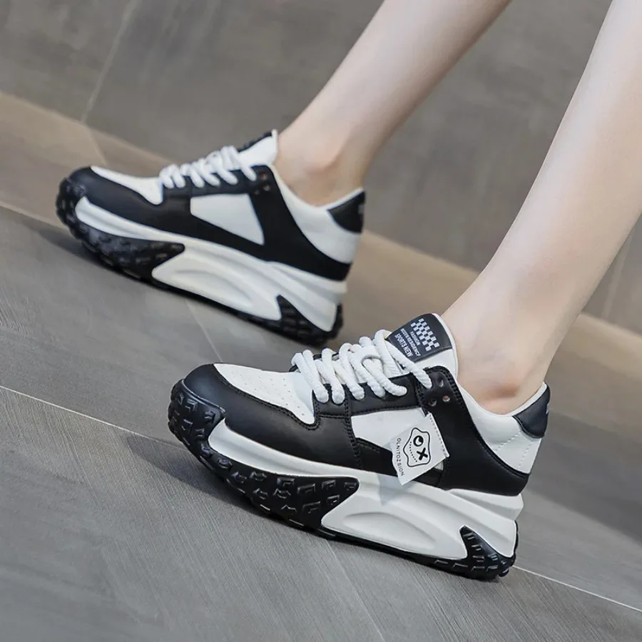 

Krasovki 7cm Genuine Leather Chunky Sneakers Women Autumn Mixed Color Fashion Vulcanized Platform Spring Hidden Heels Shoes