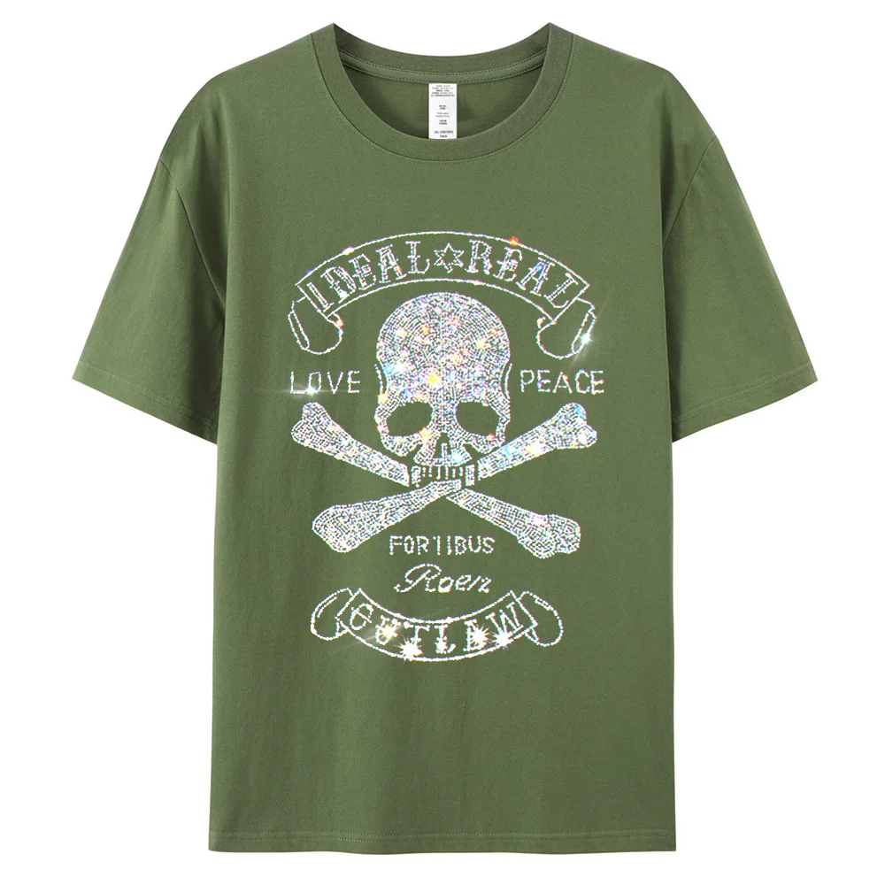 【GRANCY】Skull Rhinestone Design T-shirt Men's Rhinestone Graphic T-Shirt, Skull Printed Bling Stone