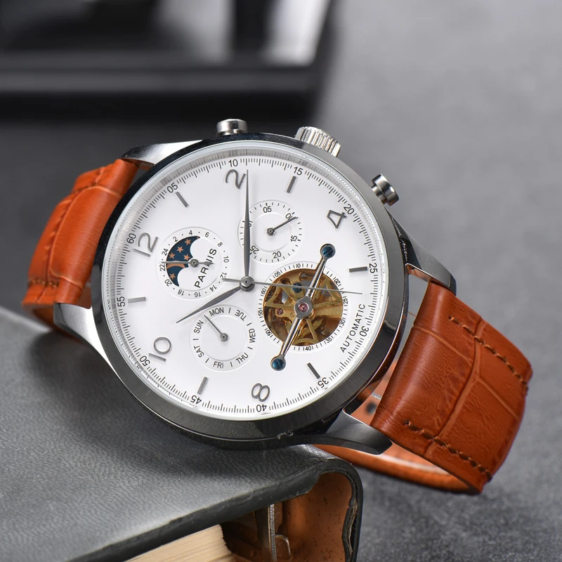 

Fashion Parnis 43mm White Dial Automatic Mechanical Men's Watch Moon Phase Calendar Leather Strap Men Wristwatches reloj hombre