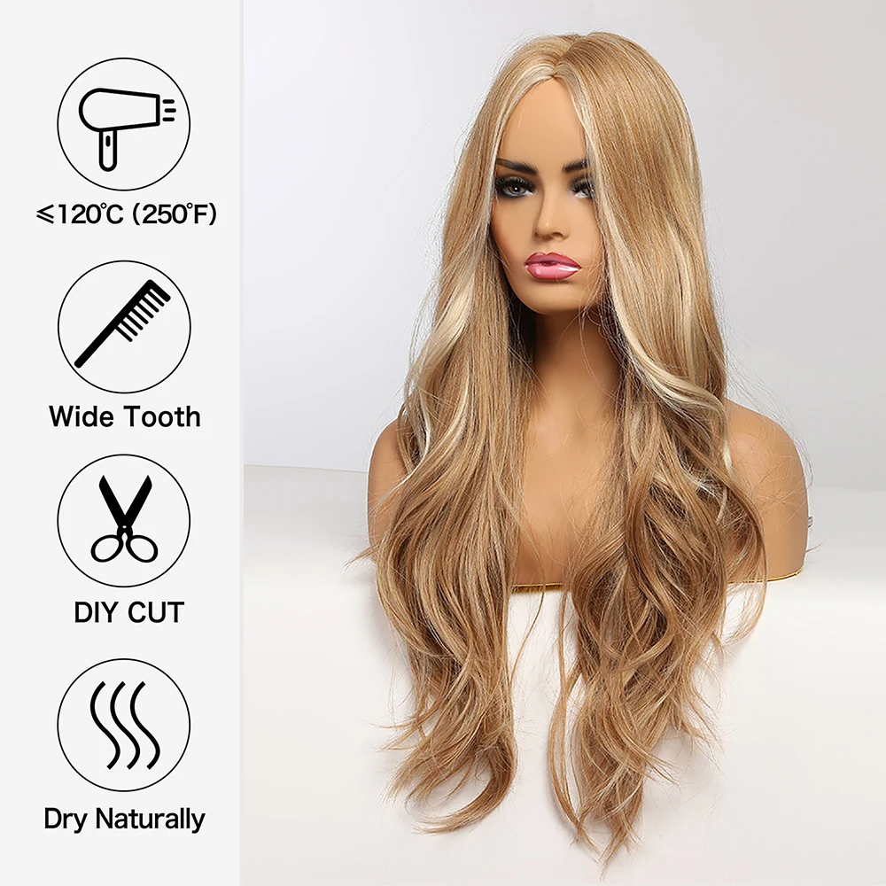 EASIHAIR Golden Highlight Blonde Long Wavy Synthetic Wigs Middle Part Natural Hairs for Women Daily Party Heat Resistant Fibers_voghion.com