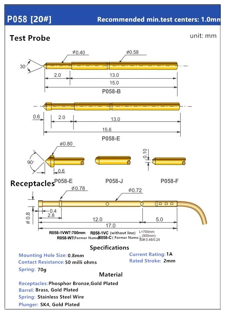 Description Picture 4 of item100PCS P058-A Spring Test Probe Test Pin PCB Test Tool 15.6mm Dia 0.58mm Nickel Plating Head Dia 0.8mm Needle Pogo Pin Cup Head