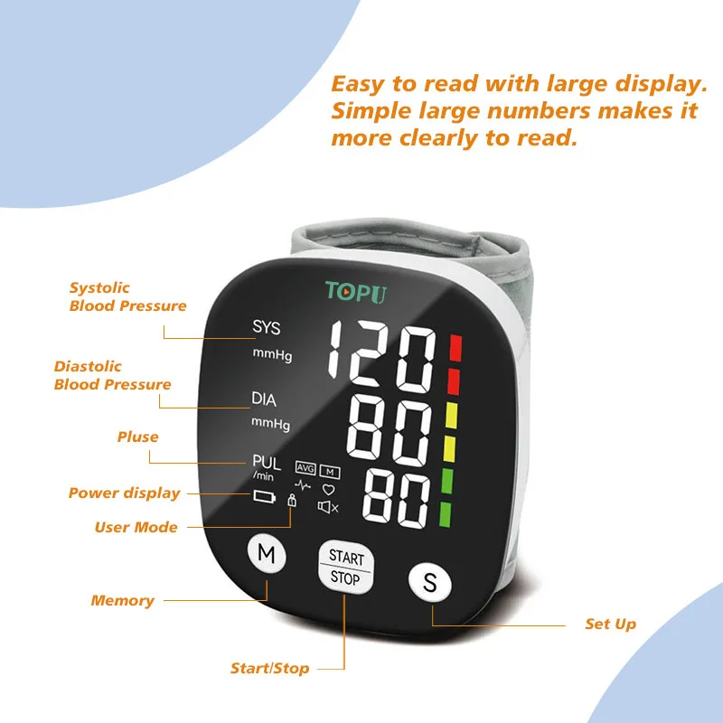TOPU MEDICAL LED Screen Wrist Sphygmomanometer Wrist Digital Tensiometer Digital Blood Pressure Monitor With Voice Function
