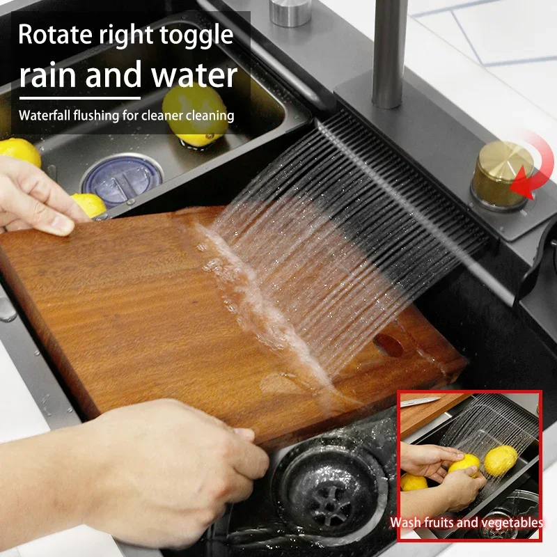 New Black Nanometer 304 Stainless Steel Waterfall Kitchen Sink 3MM Thickness Large Single Slot Above Mount Waterfall Faucet