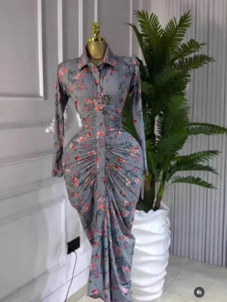 Wmstar Dress Women Wholesale Long Sleeved Lapel Printed Pleated Slimming and Waist Cinching Dresses Drop Shopping New Style
