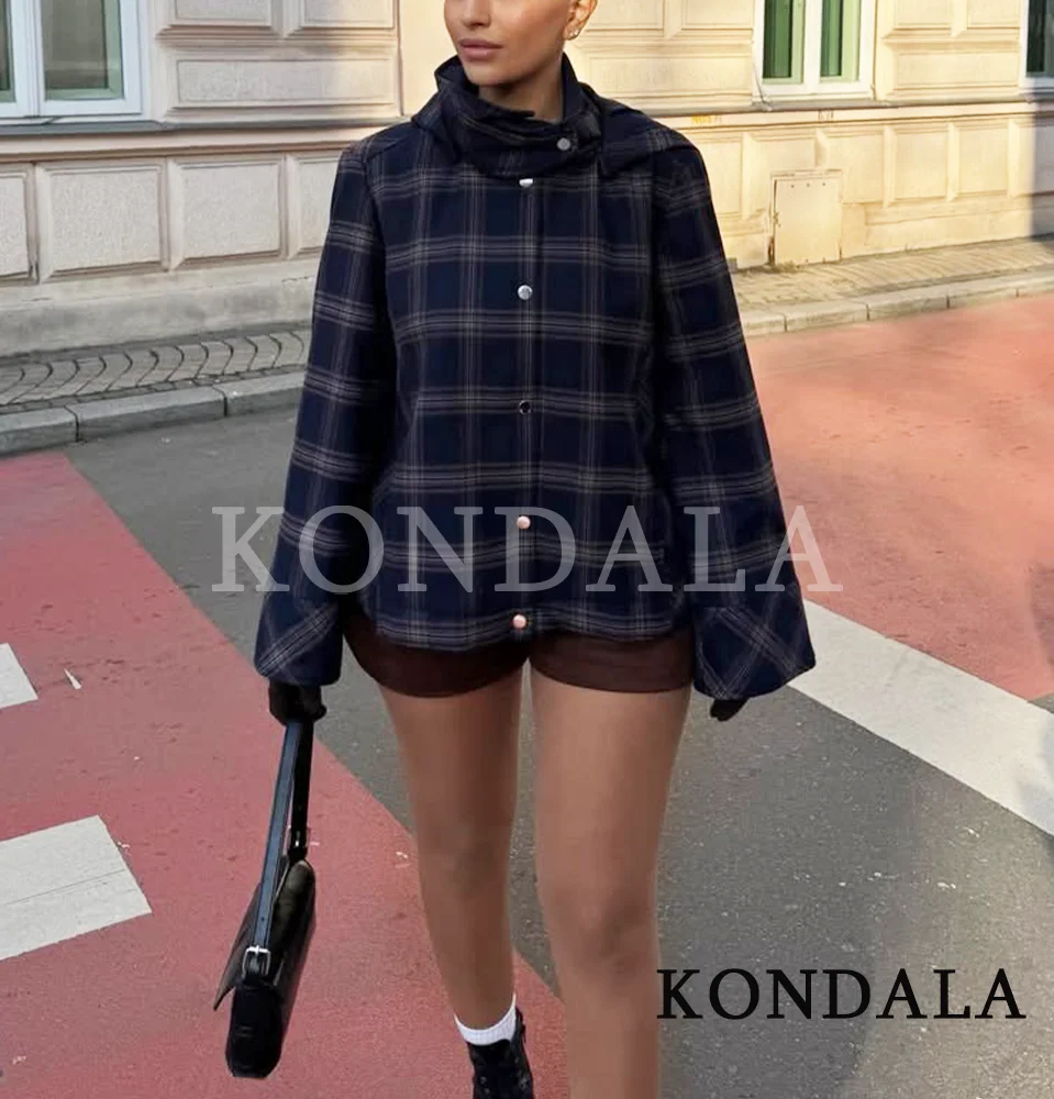 Veste à capuche à carreaux tendance KONDALA pour femme, veste ample à boutons, mode printemps-automne 2026, décontractée, pour le travail, veste pour femme