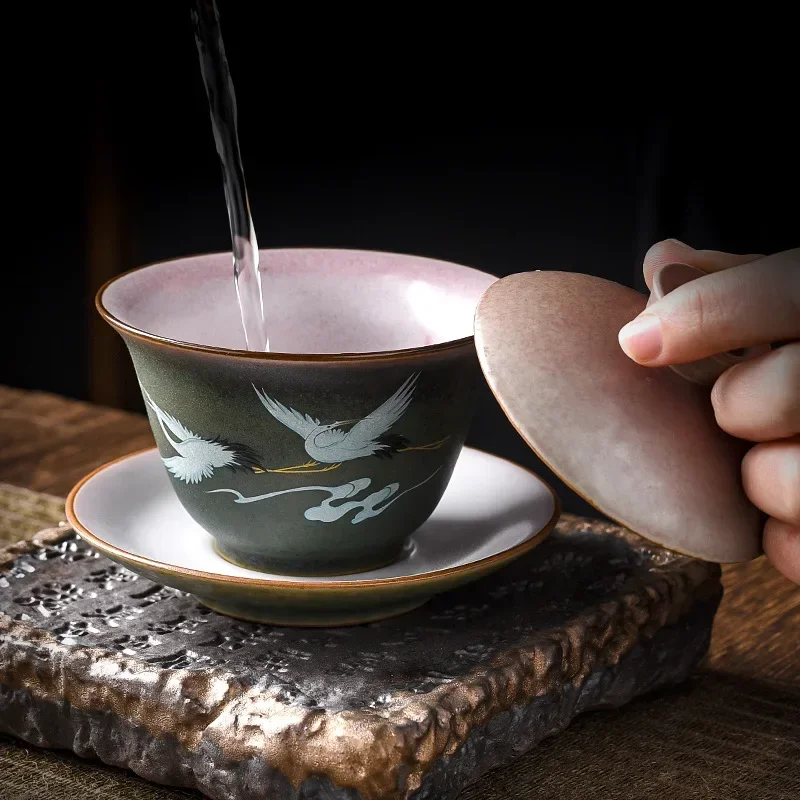 Retro Huancai Kiln Changing Crane Covered Bowl Creative Ceramic Household Tea Bowl Kung Fu Tea Set Bubble