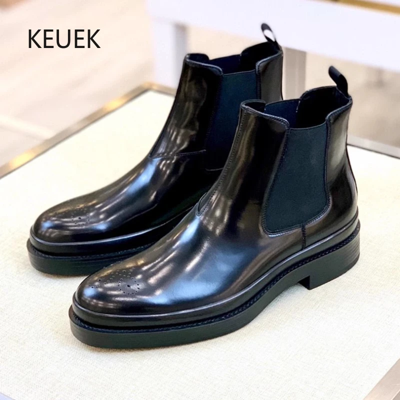 

New Design Fashion Genuine Leather Ankle Boots Men High Top Shoes Male Casual Outdoor Motorcycle British Style Chelsea Boots 5A