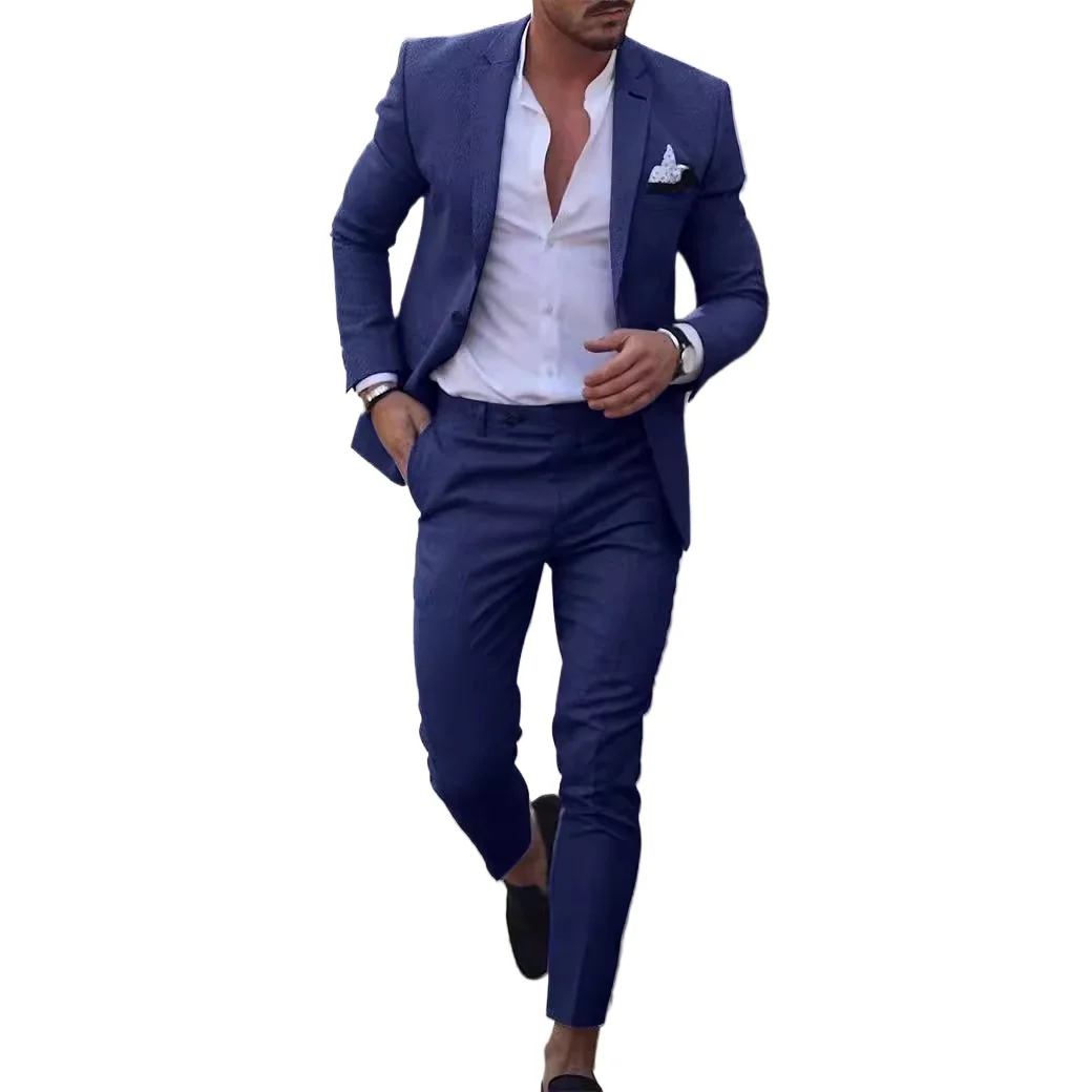 Mens 2-piece Pant Suits Spring Summer Single One Button Linen Solid Blazer Jacket Smart Casual Wedding Business Commuting Suit