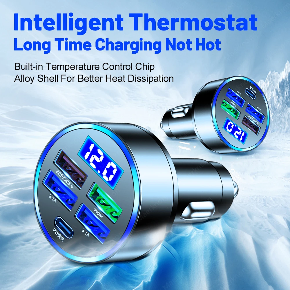 High-Power 5-Port Fast Charging USB-C Car Charger with PD & QC3.0 Technology