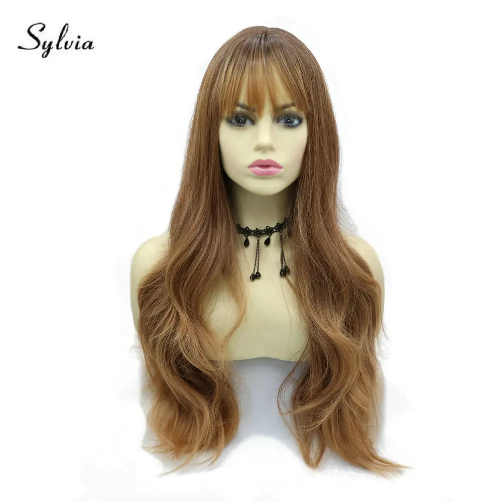 Sylvia Long Wavy Brown Wig Synthetic Full Machine Made Wig with Bangs Brown Wigs for Women Ombre Blonde None Lace Wig 22 Inches shine ombre blonde wig with bangs full machine made synthetic body wave wig heat temperature fiber wig 30 inch none lace wig