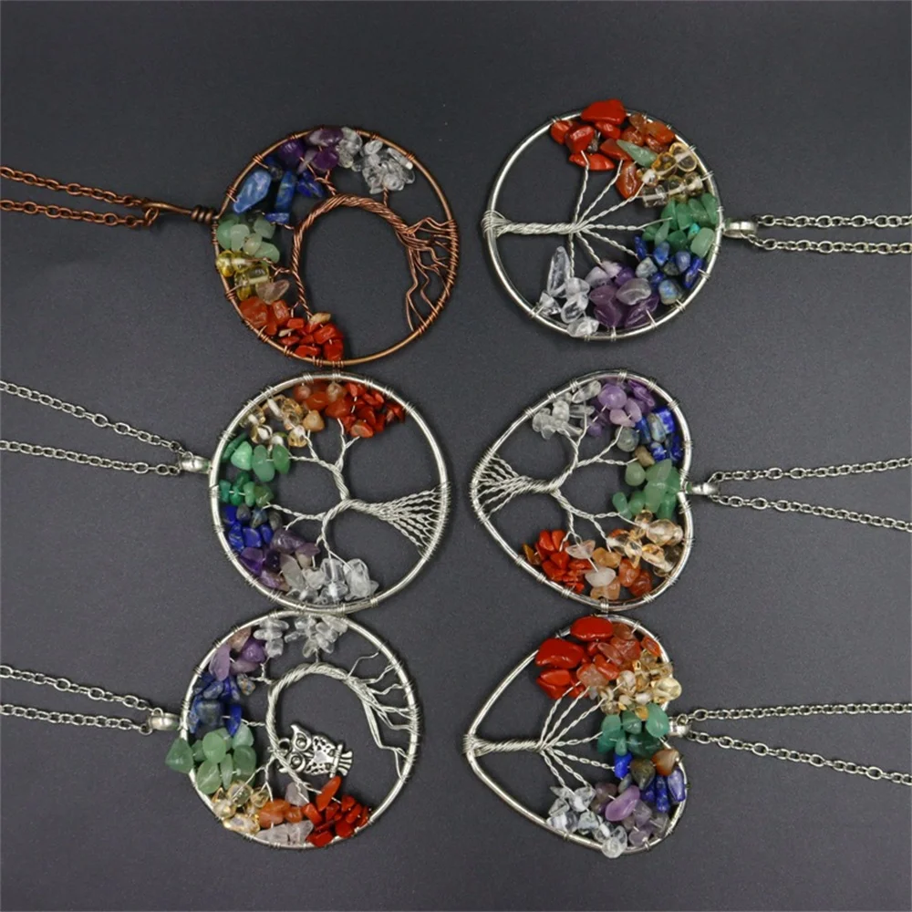 7 Chakra Quartz Natural Stone Tree of Life Pendulum Pendant for Women Handmade Healing Crystal Jade Heart Necklace Reiki Jewelry, pendant necklace, jade jewelry