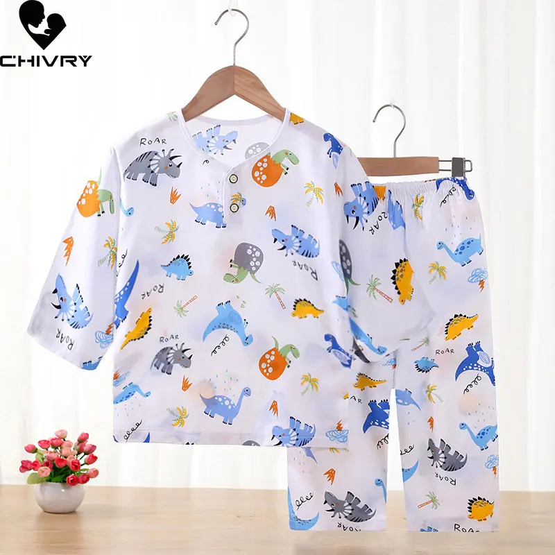 

New 2023 Kids Boys Girls Summer Pajamas Cartoon Three-quarter Sleeve Cute T-Shirt Tops with Pants Baby Sleeping Clothes Sets