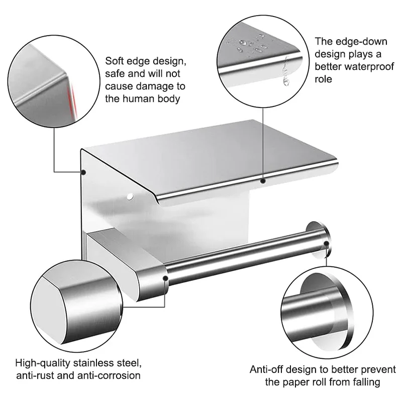 Stainless Steel Toilet Paper Roll Holders Shelf with Phone Storage Holder Tray for Bathroom Kitchen Easy To Install Accessories