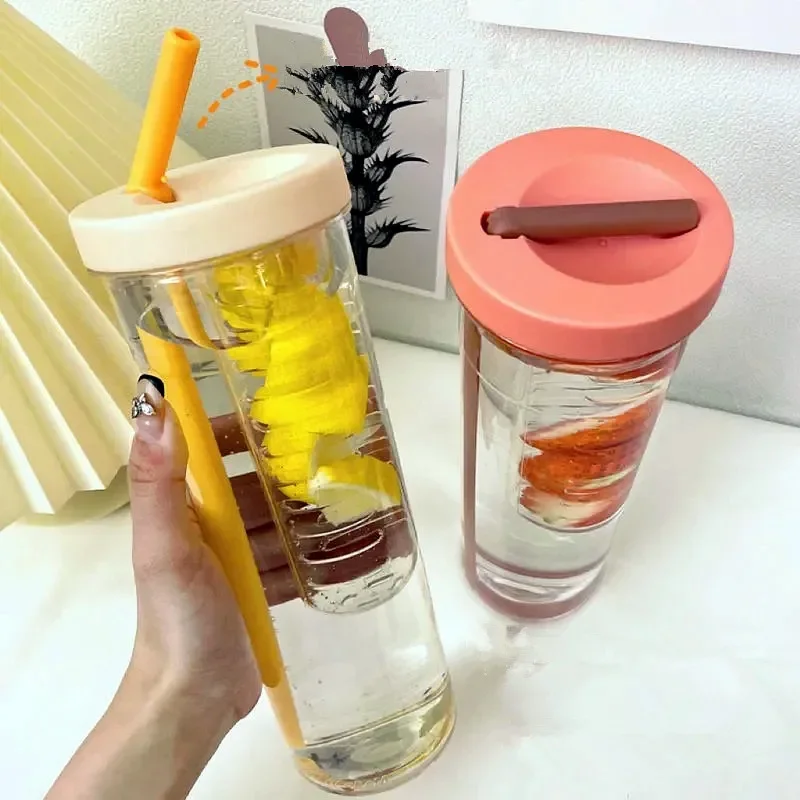 Portable Transparent Water Bottle with Straw and Fruit Infuser
