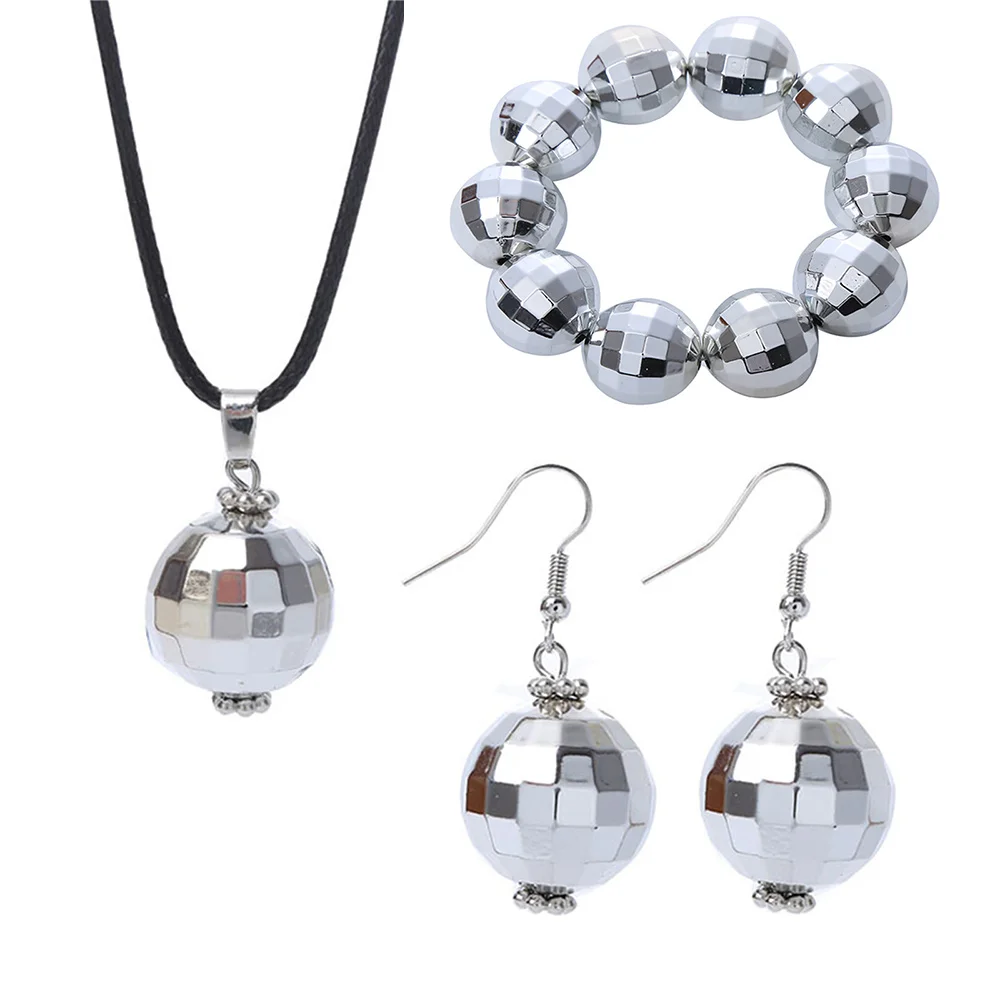 

Mirror Disco Ball Necklace Earrings and Bracelet 70s Disco Party Ball Silver Favor Decoration Costume Accessories Dance Supplie