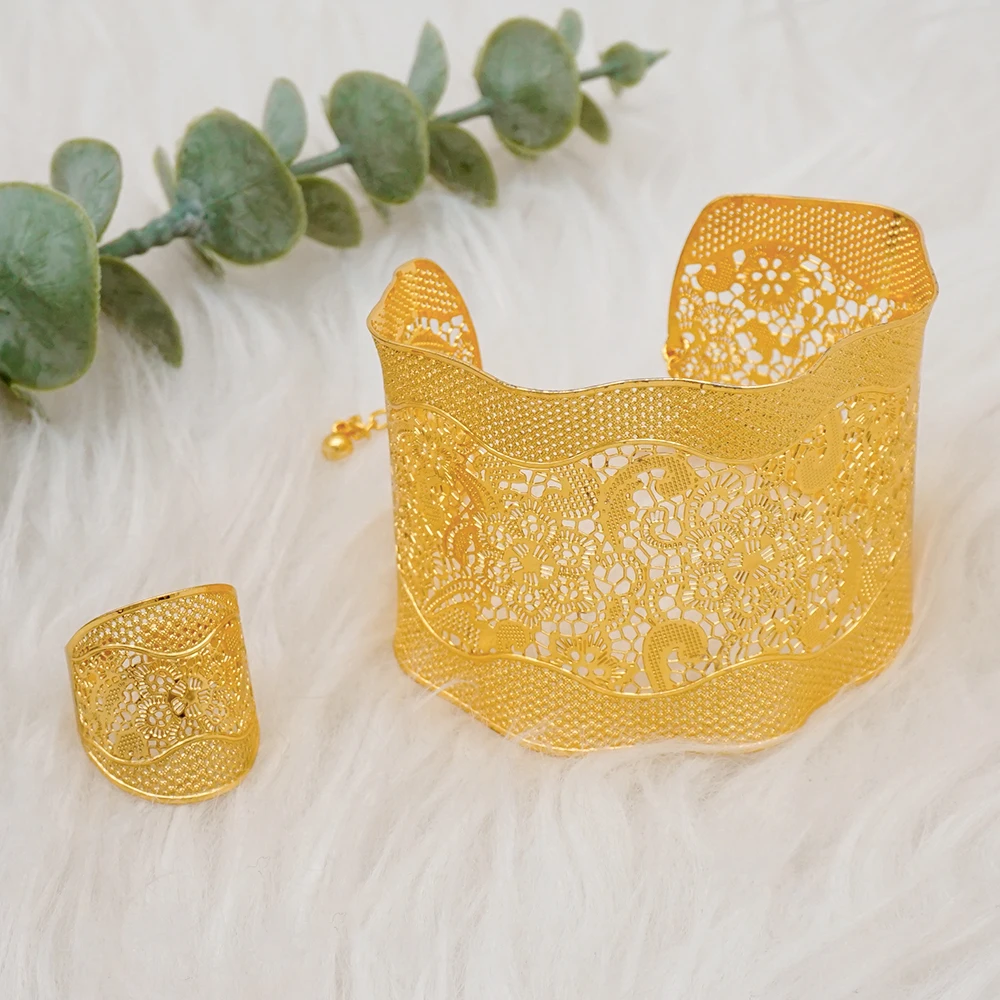 Light Weight Indian Bangles With Ring For Women African Arabic Charm Dubai Gold Color Bracelet Jewelry Nigerian Wedding Gift