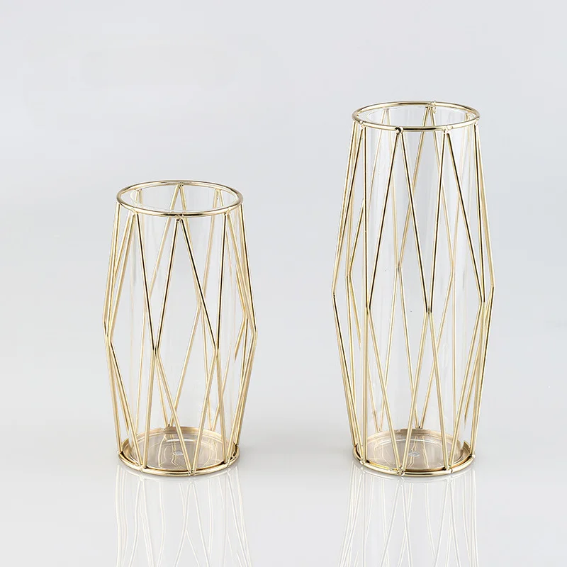 Nordic Diamond-shaped Iron Art Glass Vase Gold Plated Flower Vase Tabletop Vase Flower Pot Home Wedding Decoration
