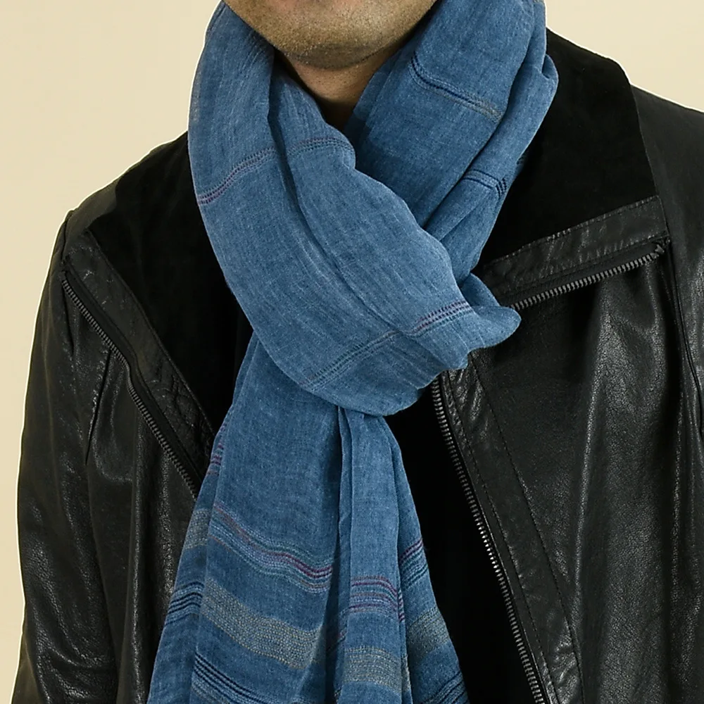 Warm large men's black and blue wool and silk blend scarf