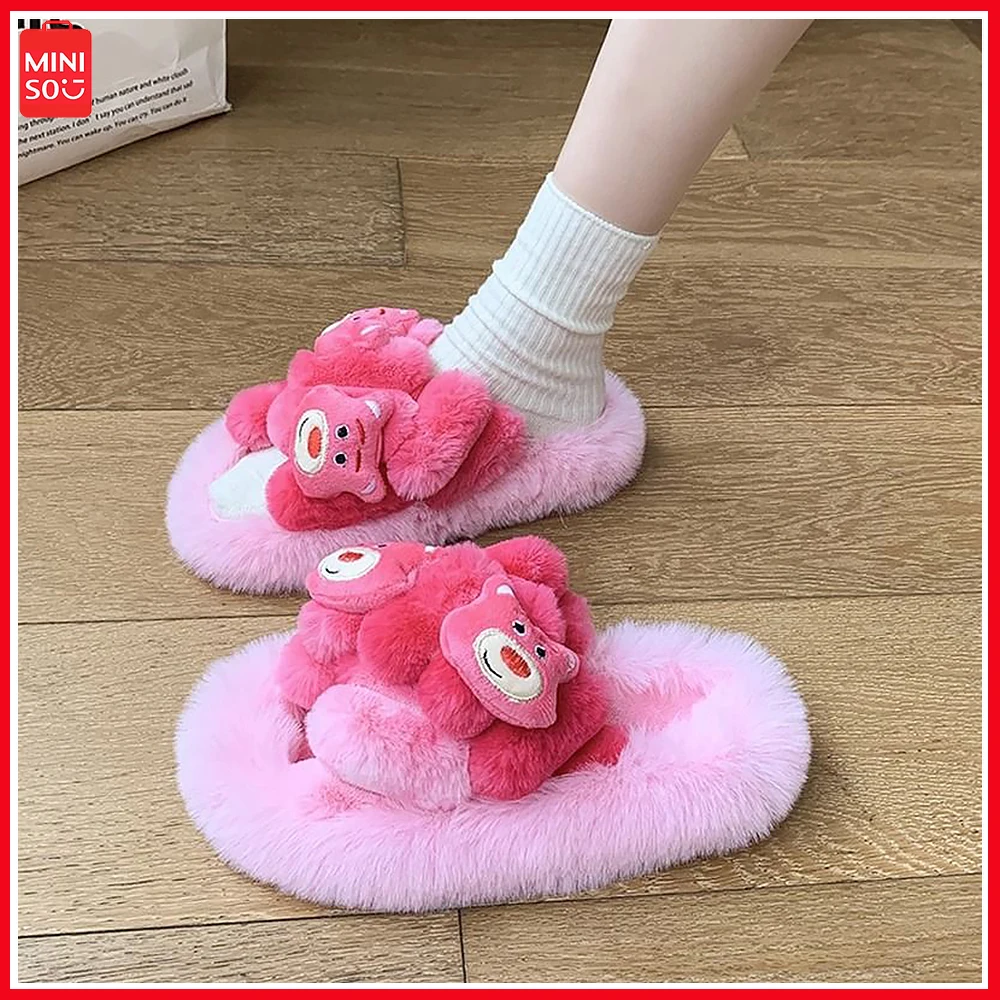 

Miniso Lotso Autumn Winter New Thick Soles Wear Fluffy Warm Slippers Kawaii Cartoon Korean Version Lazy One Word Cotton Slippers
