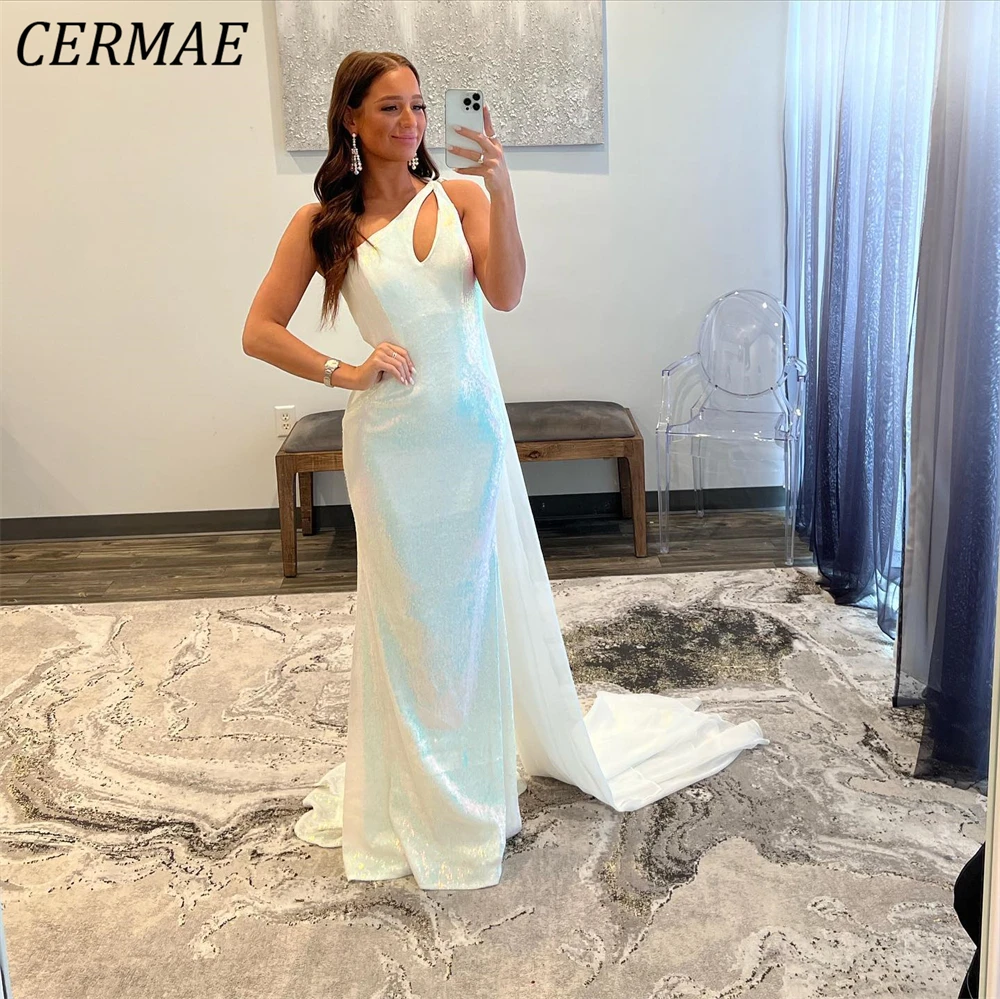 

CERMAE One Shoulder Mermaind Long Chiffon Evening Gown Prom White Sheath Backless Party Formal Dresses for Women 2023