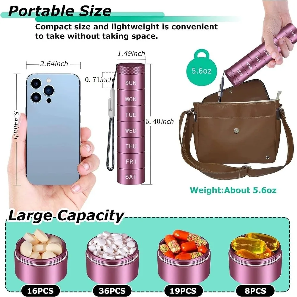 Portable Aluminium Travel Pill Organizer Moisture Proof 7 Day Pill Case Waterproof Daily Pill Box Travel