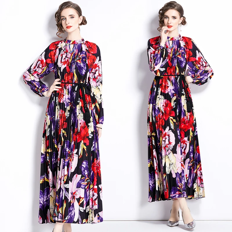 

Helolis Vintage Floral Print Pleated Dresses for Women 2023 Autumn New Stand Collar Hollow Out Lantern Sleeve Lace Up Long Dress