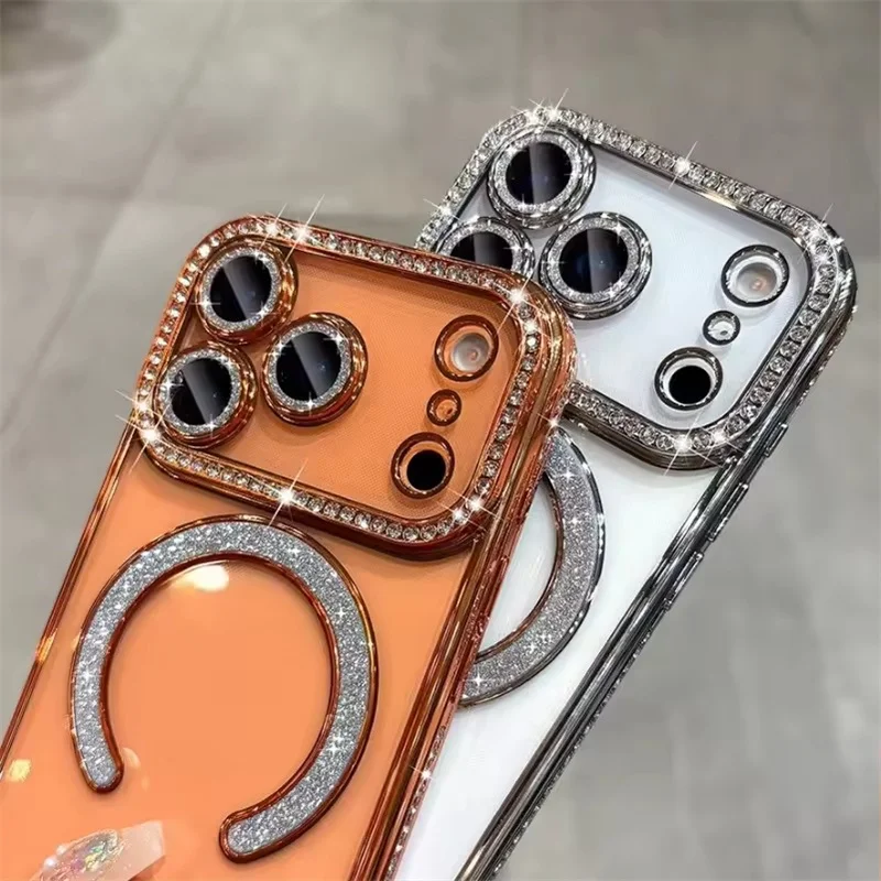 Premium Glitter Rhinestones Phone Case with Magnetic Clear Lens Protector