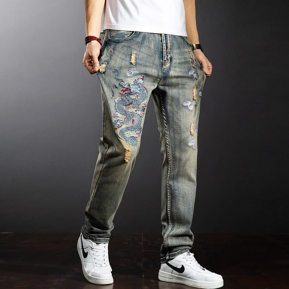 Dragon Embroidered Jeans Men Streetwear Denim Pants Fashion Ripped Jeans Pants Plus Size 38 40 Trousers Male Bottoms