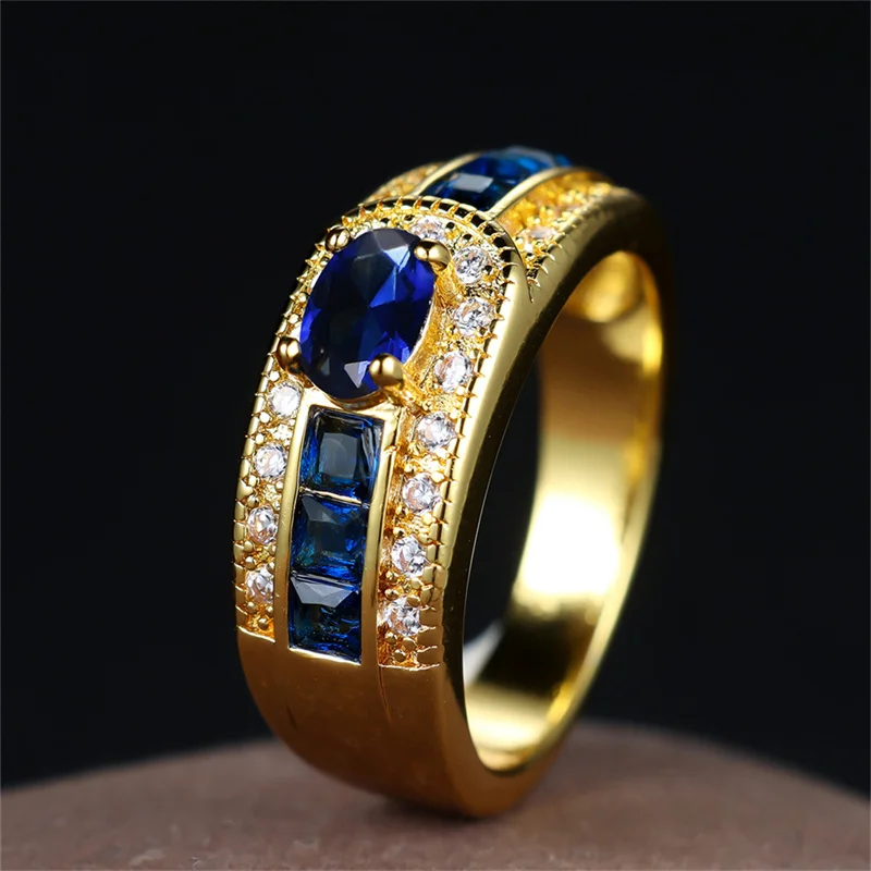 Green Zircon Engagement Ring Blue Purple Crystal Oval Stone Rings For Women Men Vintage Gold Color Wedding Bands Fashion Jewelry