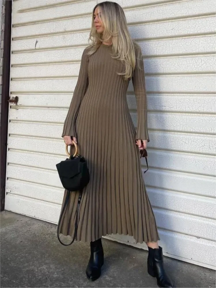 

Elegant Solid Pleated Knitted Lace Up Midi Dress Women Slim Flare Long Sleeve Ribbed A-line Dresses Autumn Female Commuting Robe