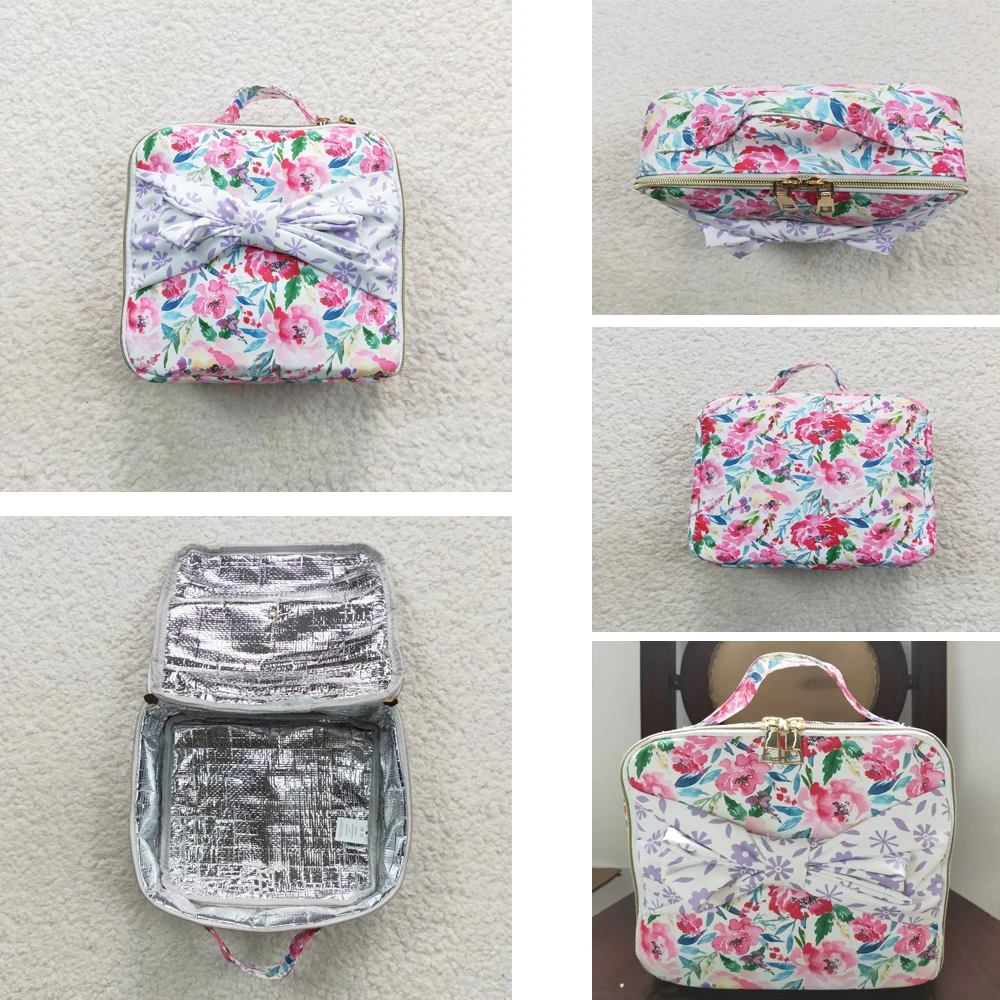 

Wholesale hot sale new design rts children's boutique Flowers purple floral bow dinner bag lunch box bag for baby boys girls