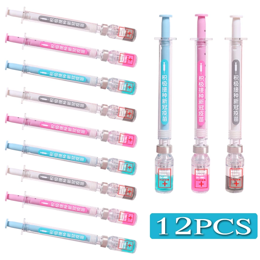 12Pcs Syringe Gel Pen Simulation Eliminates Virus Injection Syringe Shape Black Ink Signature Pen Vaccine Pen