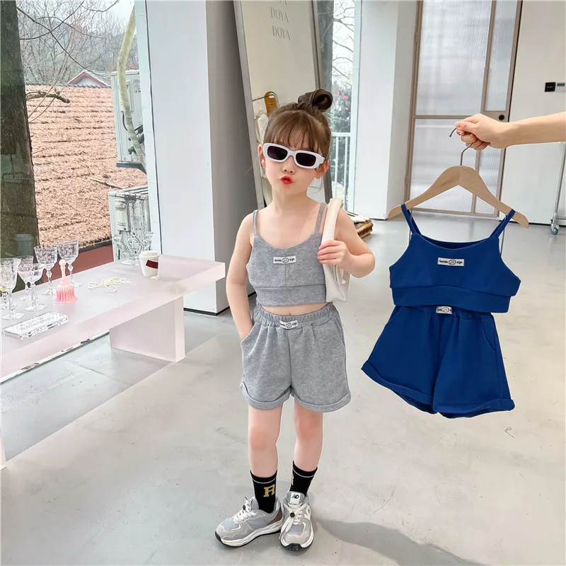 clothes set color	 Girls' Western-Style Leisure Suit 2022 Summer Korean Children'S Letter Embroidered Camisole Shorts Two-Piece Set baby boy clothing sets cheap	