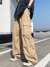  2022 New Men Cotton Cargo Pants Harajuku Style Straight Casual Pants for Men  Solid Big Pockets Loose Wide Leg Design Trousers 