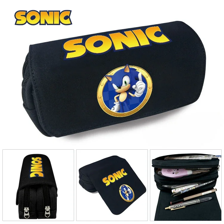 

Sonic Peripheral Canvas Double-layer Large-capacity Zipper Pencil Case Anime Student Pencil Case Stationery Bag Wallet