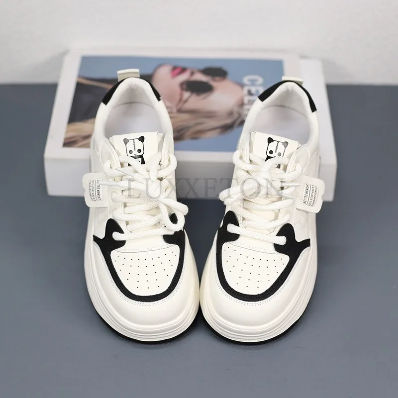 

Genuine Leather Thick Soled College Style Round Toe Small White Shoes with Breathable Mesh Simple Comfortable Casual Board Shoes